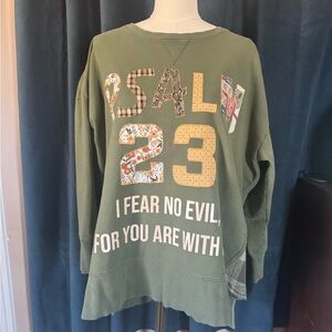 Green Graphic Sweatshirt with Psalm 23 Custom Patchwork Handmade